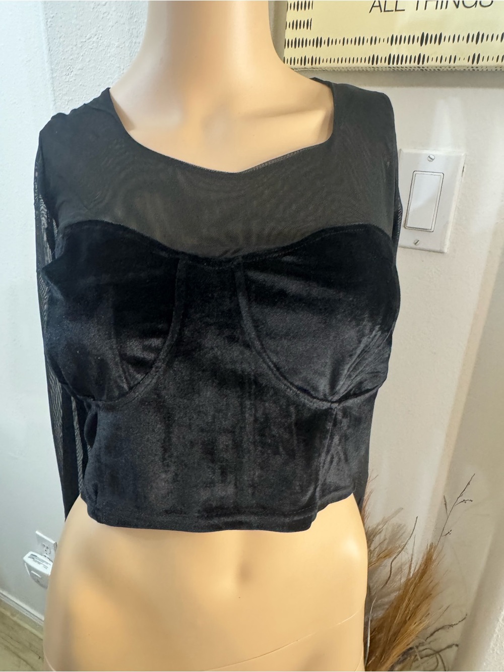 Poof! Black Velvet Mesh Bustier Crop Top